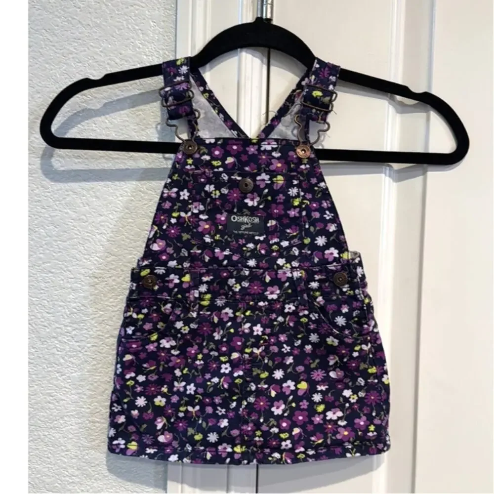 Oshkosh Overall Dress Jumper Flowers Butterflies Navy Purple Baby Girl Size 18M